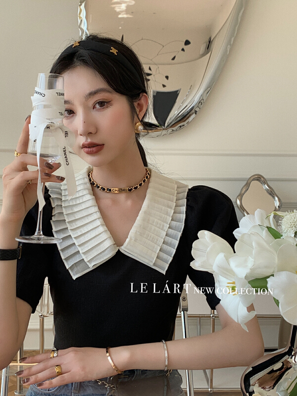 [le lart] fashionable Hepburn style pleated doll neck small fragrance style blouse ll2381# XYJ