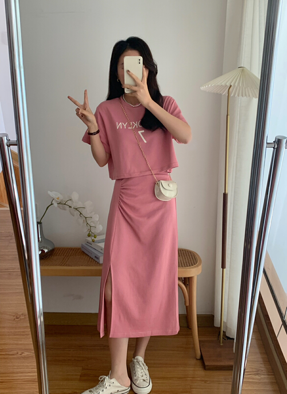 New in early summer! [victory. 2] simple and versatile letter short sleeve + Korean slim solid color skirt set b187# WPL