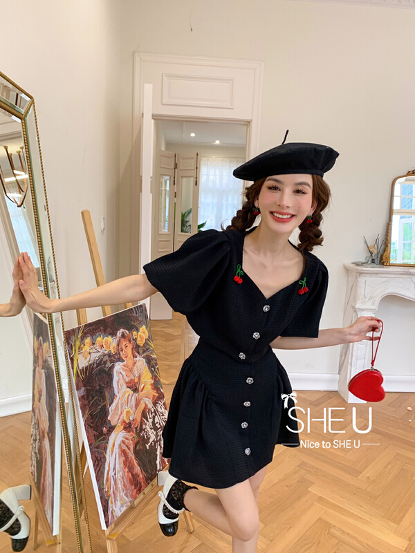 goods in stock! New in early summer! [she u] sweet cherry single breasted shirt (with cherry) c80151# cqw
