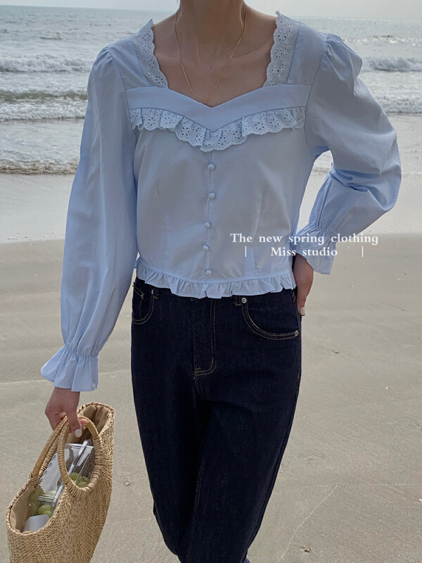 goods in stock! New year in early spring! [miss miss home] simple solid color square neck shirt 6l027# ZSY
