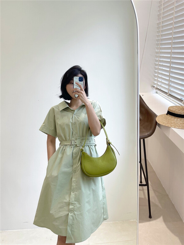 New in early summer! [woo woo shop] Korean simple single breasted short sleeved dress (with belt) 32870# WPL