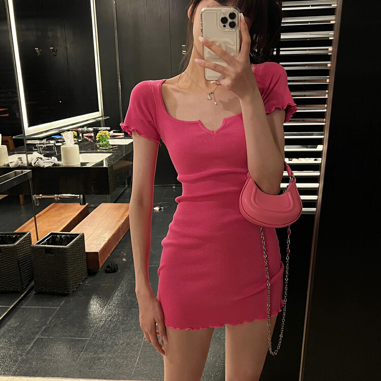 New in early summer! [salmoka] soft and slim fitting contrast color knitted dress 5112# lwy
