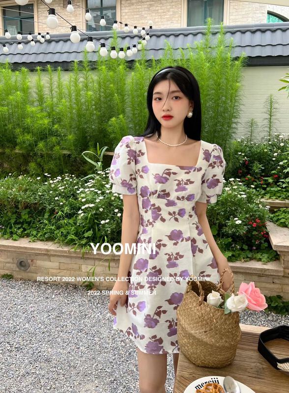 [yoomini] Korean style slim square neck floral dress x12593# WPL