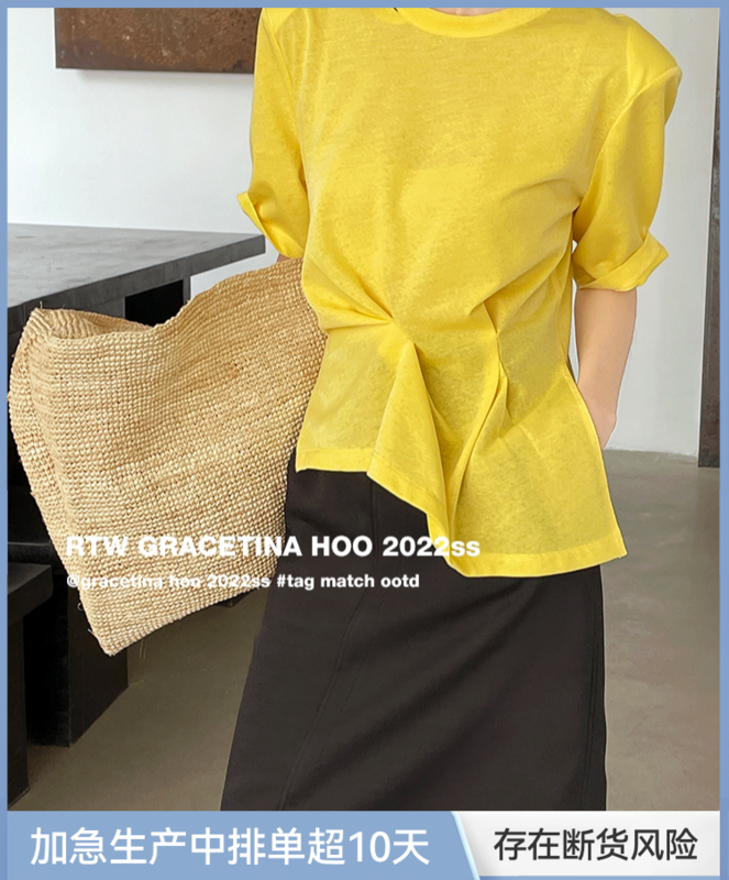 [gracetina Hoo] hollow neckline design silver light asymmetric pleated side slit oblique swing short sleeve T-shirt t3125# zxl