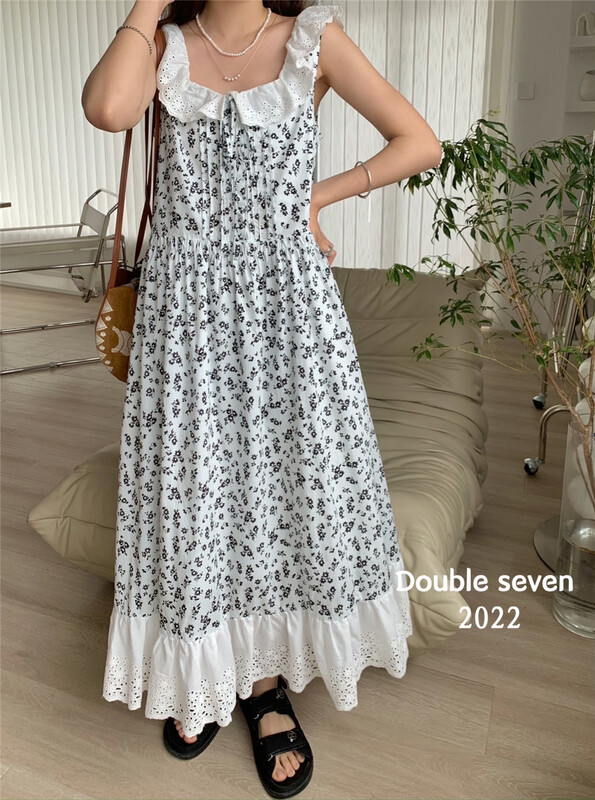 [double seven] Korean Ruffle floral suspender dress 28683# zxx