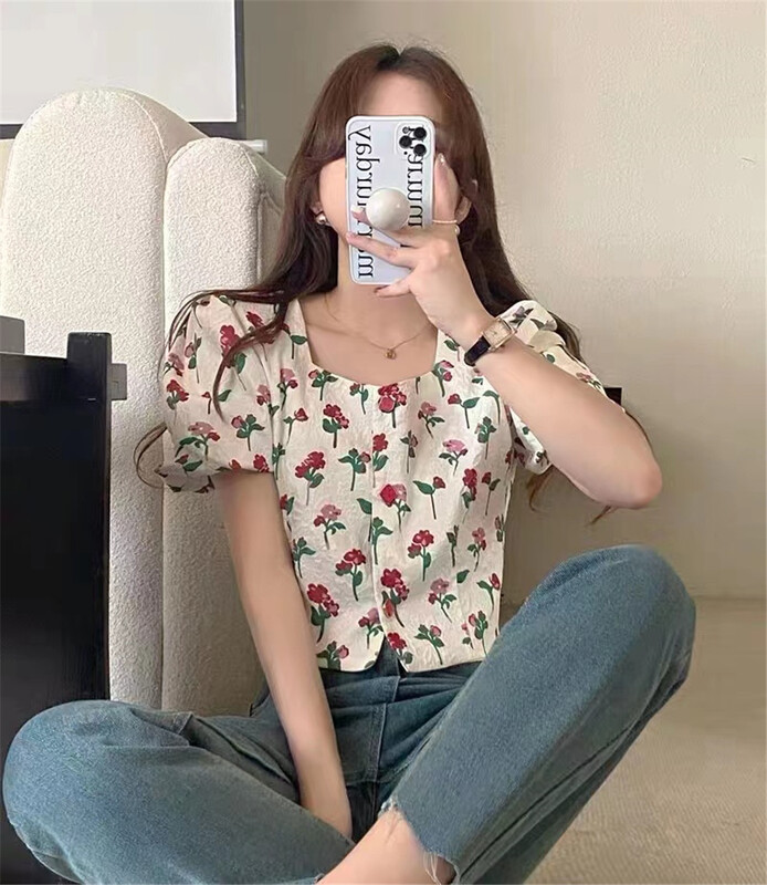 [suzybubble] Korean fashion printed square neck short shirt ys1-9956# WPL