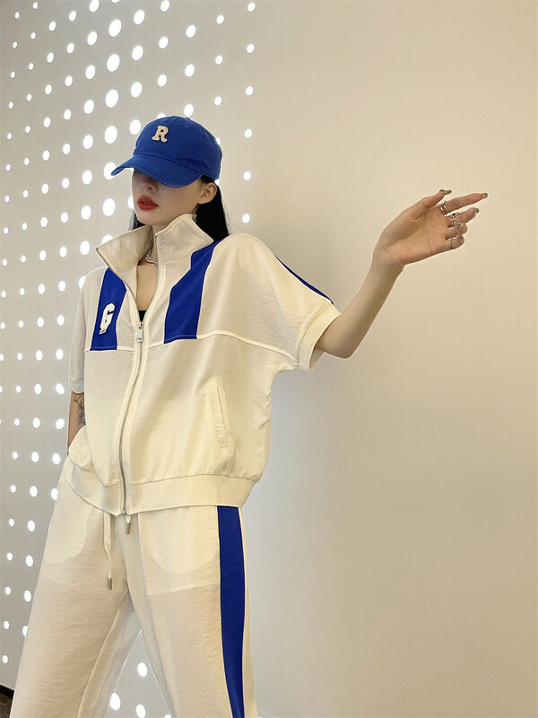 New in early summer! [Ag] simple stand collar zipper letter jacket + contrast casual pants set 3140# WPL