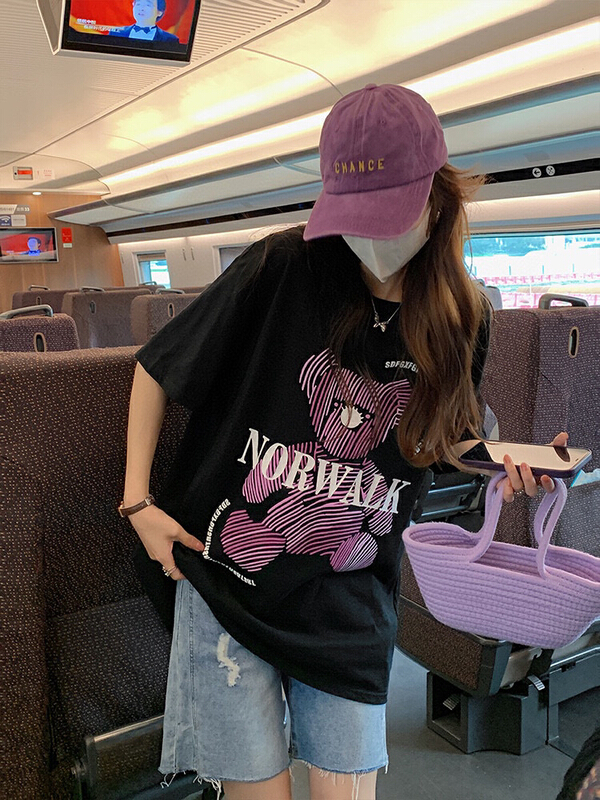 [wgwe] crew neck loose print Casual Short Sleeve T-shirt 1676# PCZ