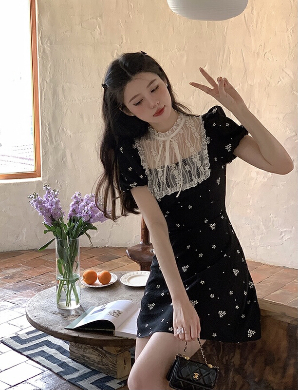 [savage] French Vintage Hepburn stitched lace tie bow dress e8216# WPL