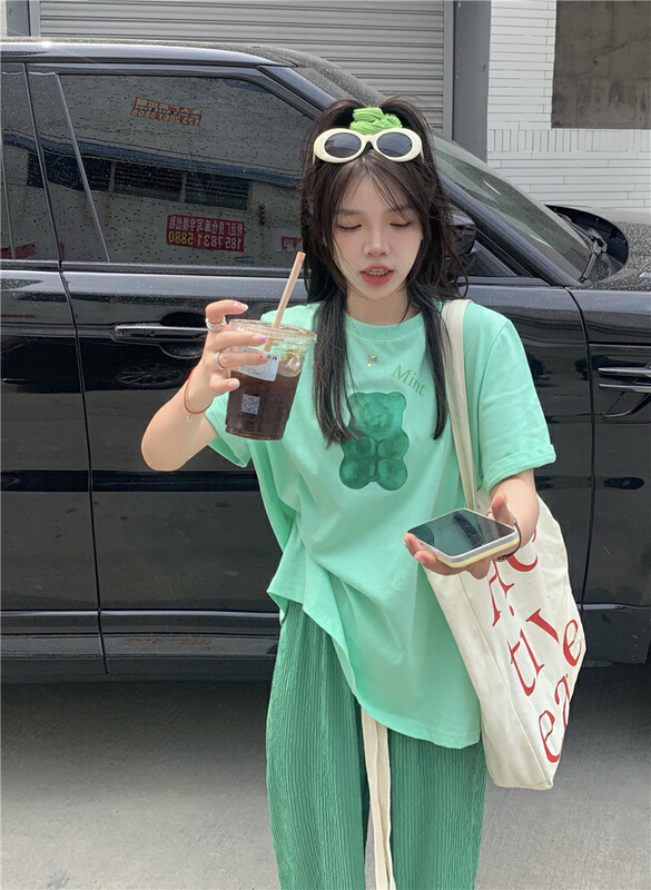 New in early summer! [timely rain] Korean style ins design feeling loose and versatile cute bear short sleeve T-shirt 20115# WPL