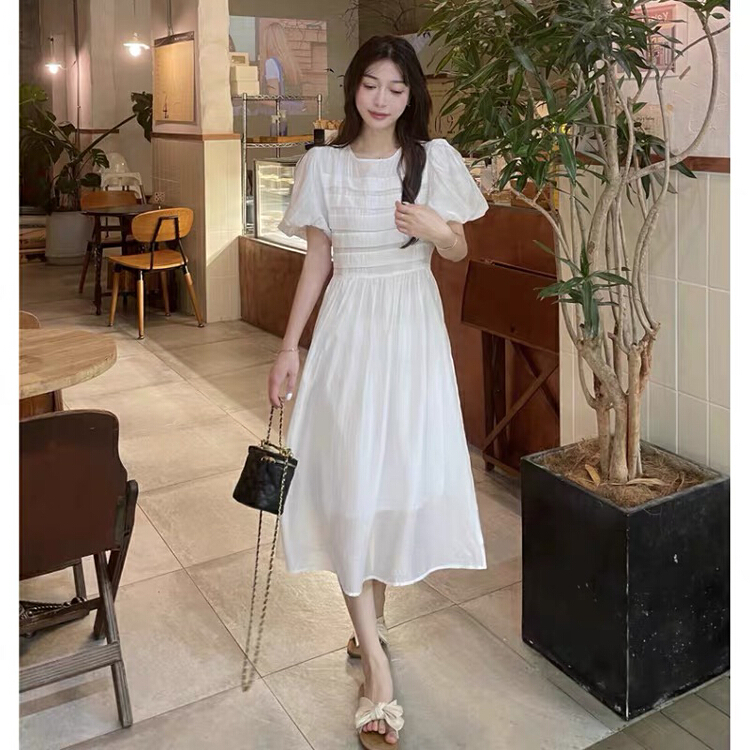 [Yingying new clothes] bubble sleeve waist closing, slim fitting, gentle, high temperament dress 7548# Cl