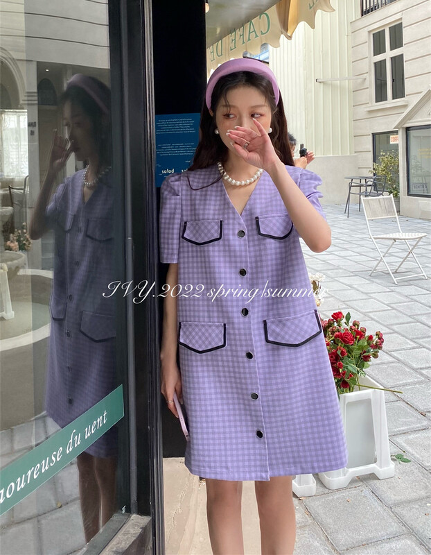 Original price 135.23! New in early summer! [Ivy] Vintage Plaid V-neck dress 88152# XJ