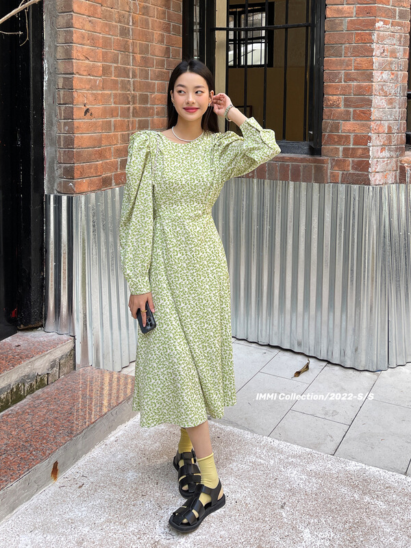 New year in early spring! [immi] Korean style bubble sleeve lace up floral dress 16027# lwy