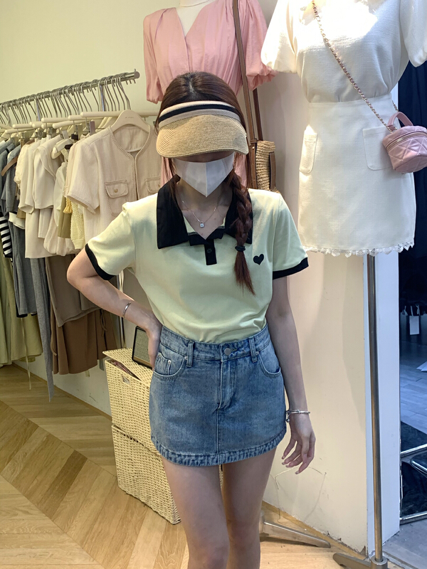 [as] contrast color love versatile polo shirt 2221# hjy