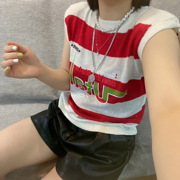 [Qijia +] stripe embroidered letter blouse 7577# zyh