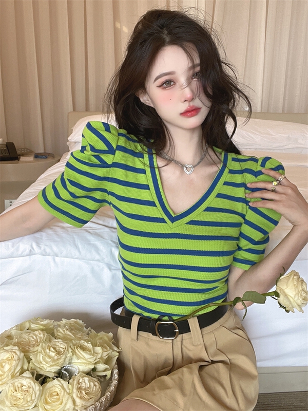 [pan] pure sweet spice girl short sexy V-neck striped sweater 00508# PCZ
