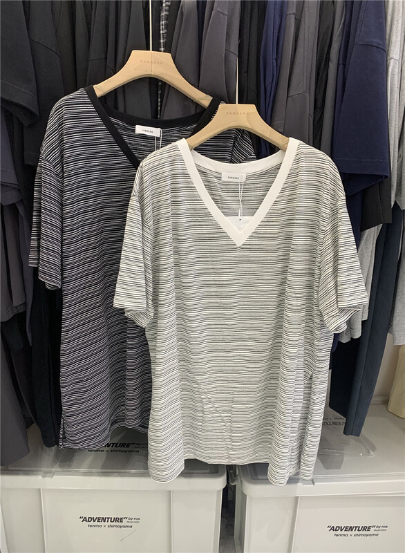 [sanbara] V-neck stripe fashion short sleeve T-shirt 9388# LSW