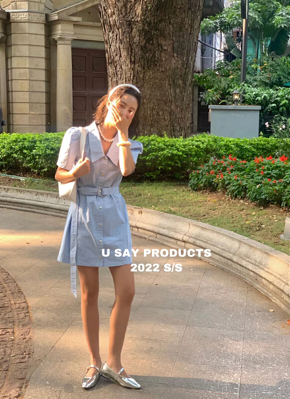 [u say] back V-neck design, minority Polo neck, western style fashion dress (with belt) 65913# LSL
