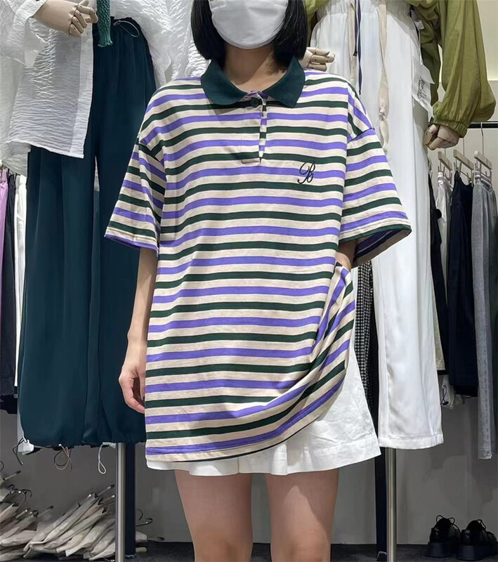 [original by hnhl] striped loose comfortable polo shirt (only for tops) 0010# L
