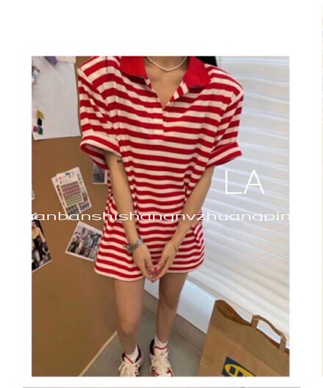 [laqssy] personalized Stripe Polo neck short sleeve stripe T-shirt + loose Shorts Set 8213# zyh