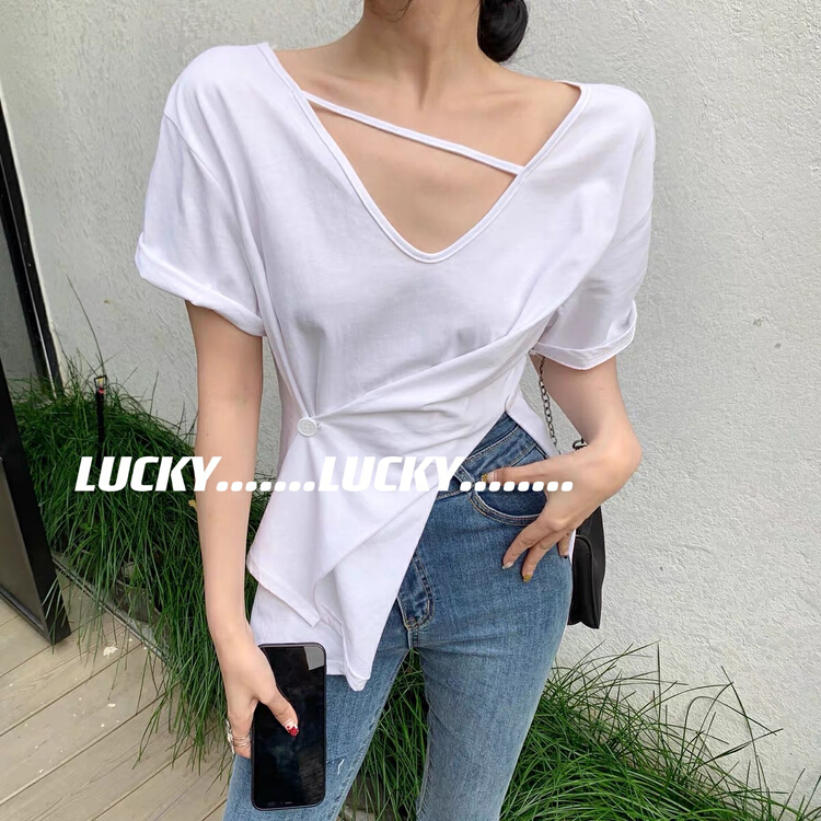 [lucky] sexy irregular waist closing and fork small shirt 8699# zxx