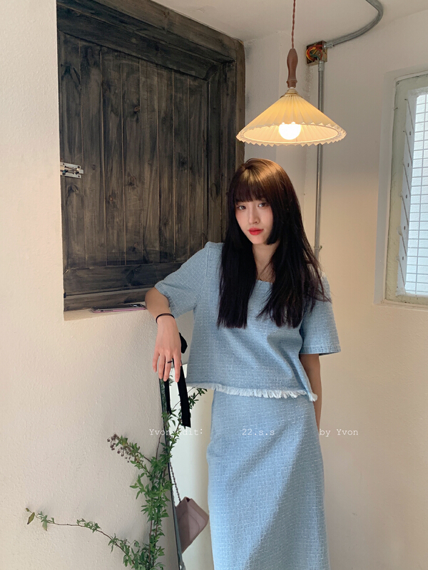 [Yiwan y.von] salt temperament, thin, retro design, short sleeve + high waist denim skirt suit k9913# XJ