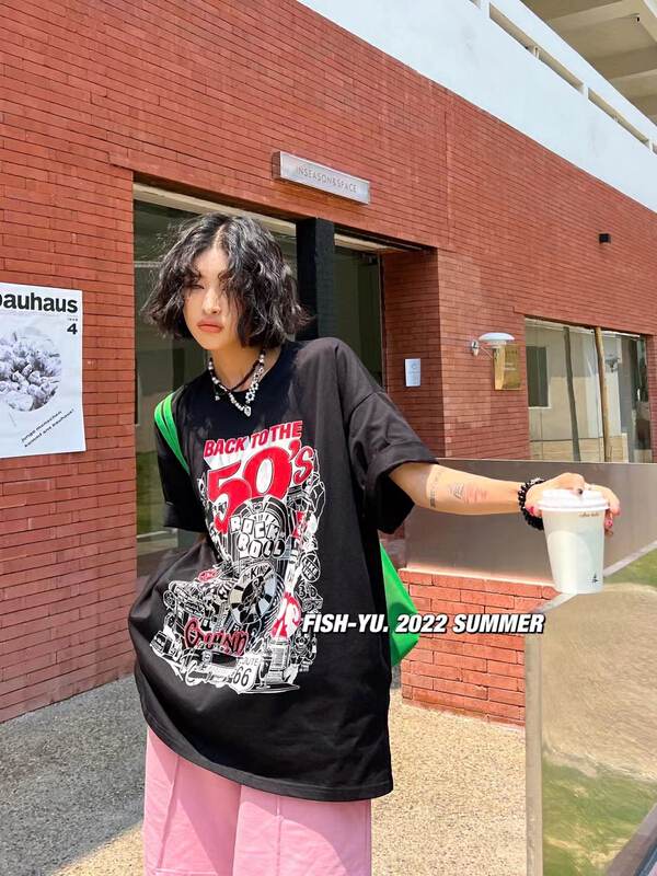 [fish Yu] vintage fashion printed short sleeve T-shirt 22163# LSL