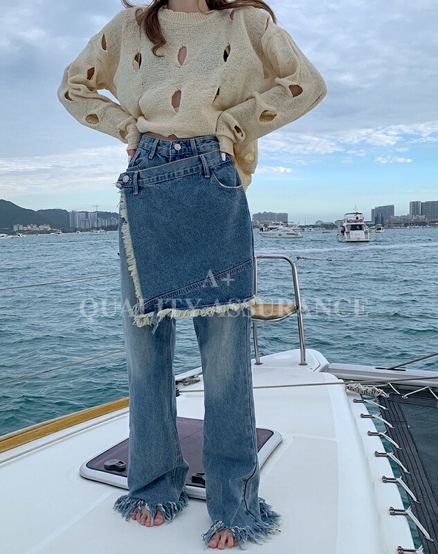 [a +] Vintage trendy cool tassel fake two-piece straight jeans 9182# WPL