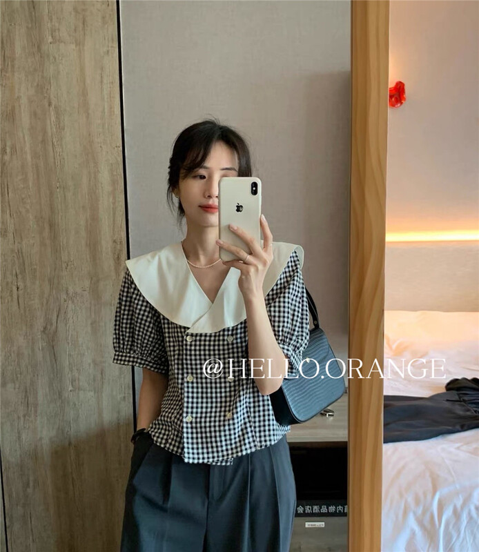 [orange] Korean checked double breasted large lapel shirt 8835# HBx