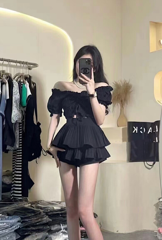 [JH] one shoulder machine shirt + pleated skirt suit 41672# PCZ