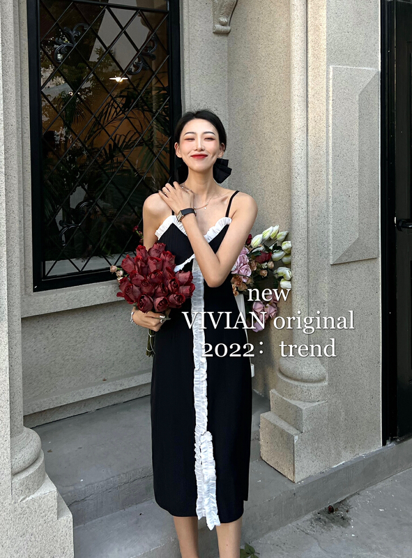New in early summer! [Vivian] Vintage Crystal yarn flounce split Sling Dress 90159# zxx