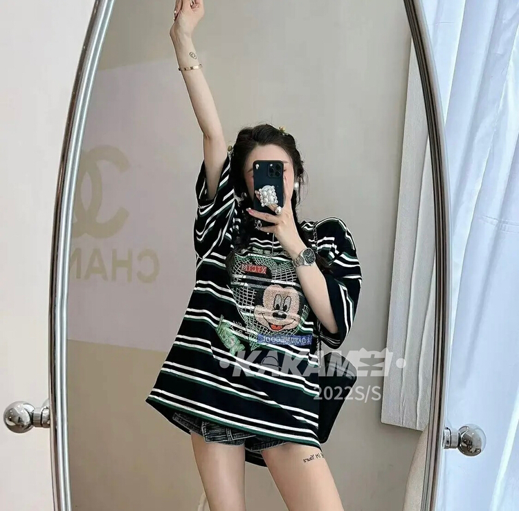 goods in stock! New in early summer! [kakamee] Korean flash diamond Mickey stripe short sleeve T-shirt s300# LSL