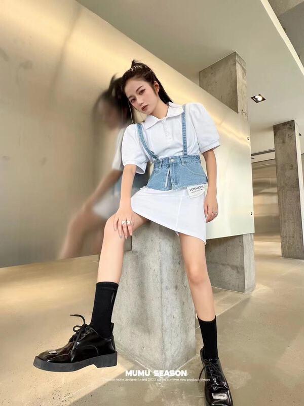 [Mumu season] bubble sleeve fashion slim dress + design sense niche suspender vest set 2335# zxl