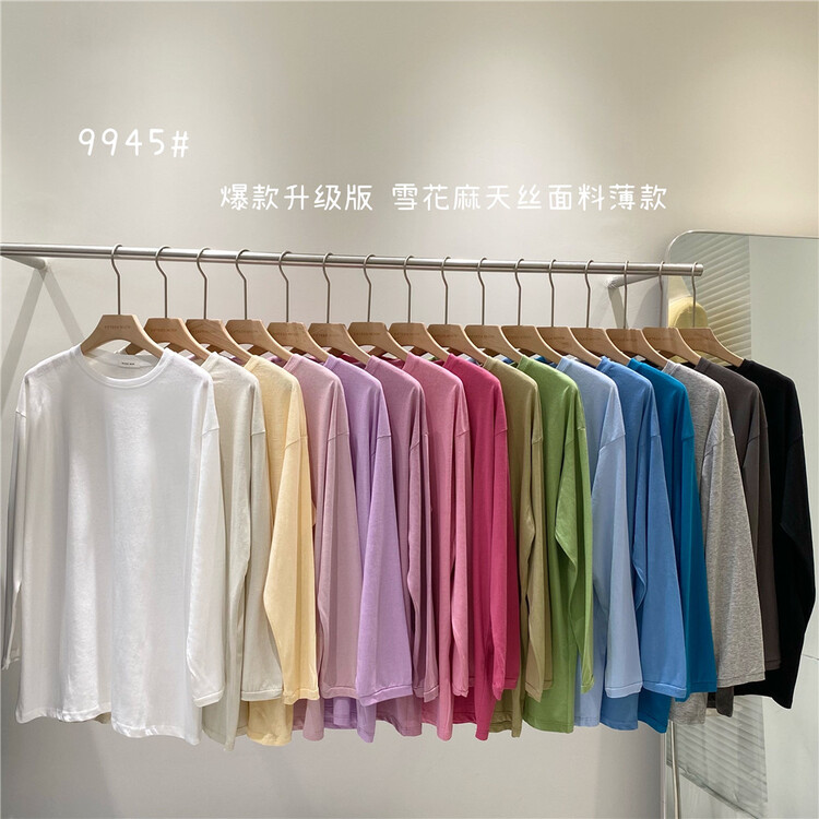 New in early summer! [fifth moon] versatile fashion loose round neck snowflake hemp long sleeve T-shirt 9945# CLS