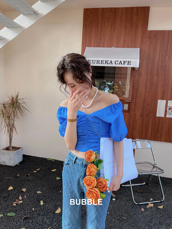 New in early summer! [bubble] Korean V-neck pleated shirt 22x008# ozq