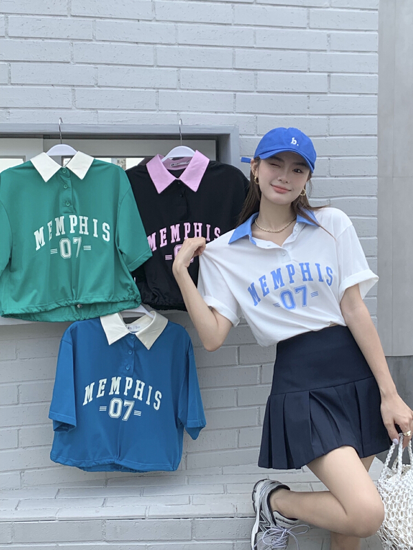 [qixuan'er] Korean polo shirt contrast printing drawstring short sleeved T-shirt 2682# LSW