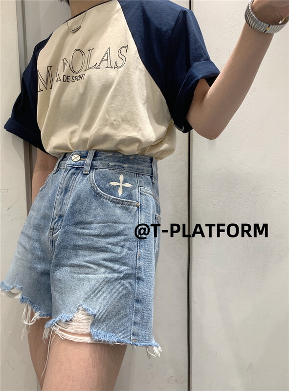 [t-platform] Korean style versatile holes and rough edges denim shorts 8271# zxx