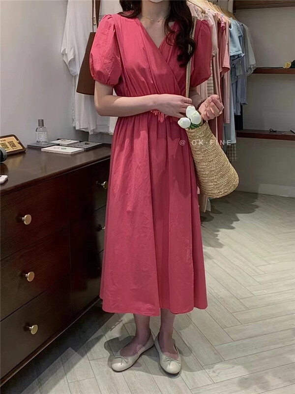 New in early summer! [OK fine] V-neck lace up waist slim dress 5037# HBx