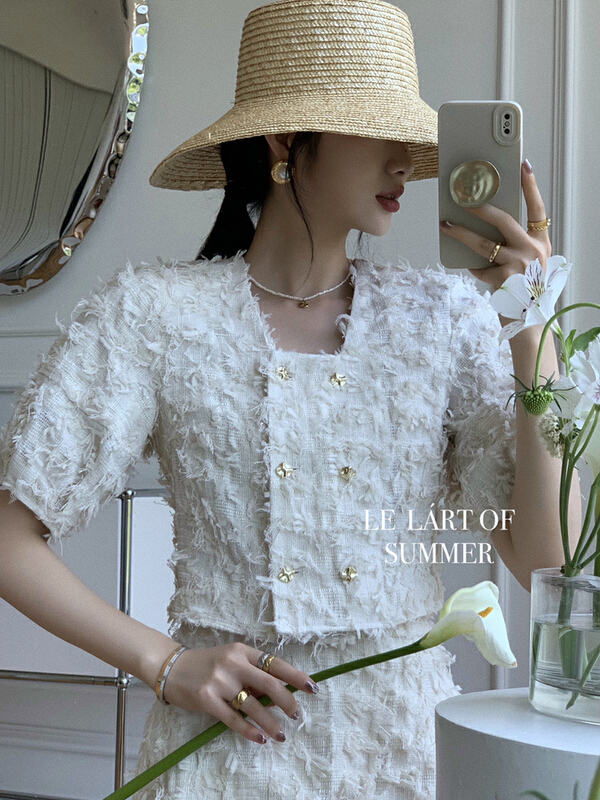 [le lart] high fashion French bubble sleeve gold button double breasted short sleeve jacket (excluding skirt) ll2797# XYJ