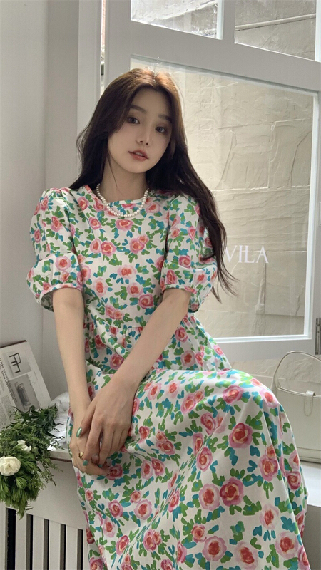 [timely rain] sweet temperament design sense flower round neck loose dress (skirt only) 27757# WPL