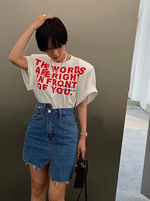 New in early summer! [M2 +] personalized fashion shoulder pad letter print loose short sleeve T-shirt 08071# WTT
