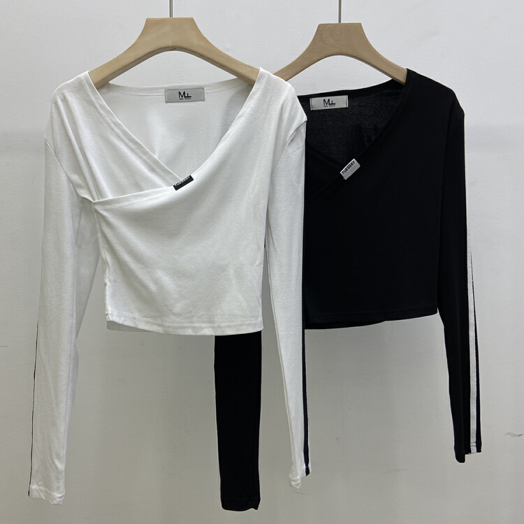 [mate fashion] irregular cross labeling V-neck short long sleeve T-shirt 6006# ozq