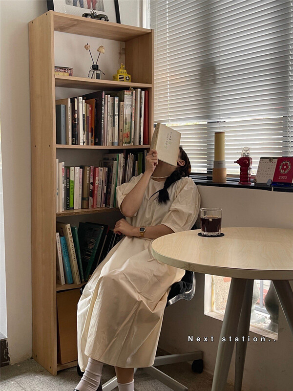 [next station] Korean version solid color loose bubble sleeve dress (with waist rope) 22206# ZSY