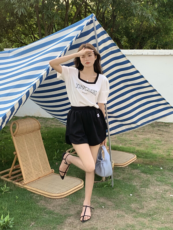[qixuan'er] Korean Lantern Sleeve square neck contrast printed short sleeve T-shirt 2687# LSW