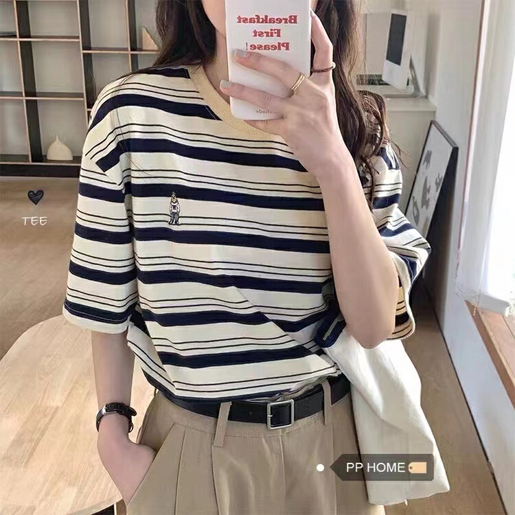 [HH & miss Lai] crew neck stripe comfortable Pullover short sleeve T-shirt ys1-9032# L