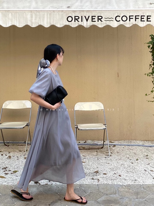 [moment with you] French Chic round neck bubble sleeve dress t0283-j# LSW