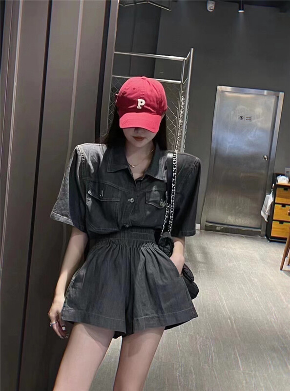 [M queen] double pocket denim shirt + elastic waist casual Shorts Set 5012# HBx