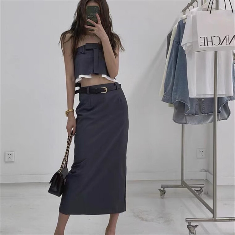 New in early summer! [mix] Korean sleeveless sling + high waist slim skirt suit (with belt) 0130# WTT