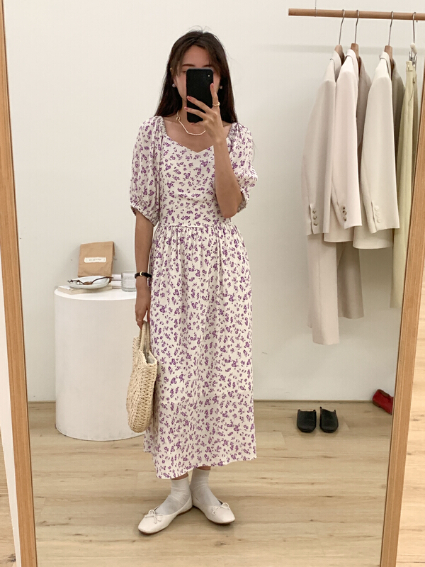 New in early summer! [Tn] Vintage Floral bubble sleeve slim dress l8199# cqw