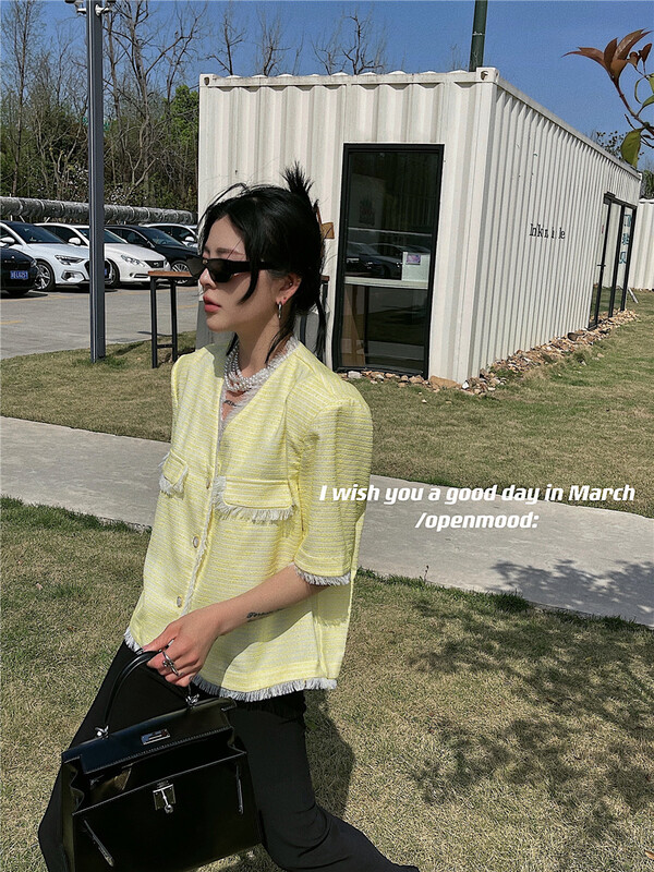 New in early summer! [open] personalized woolen single breasted short sleeved shirt 8766# ozq